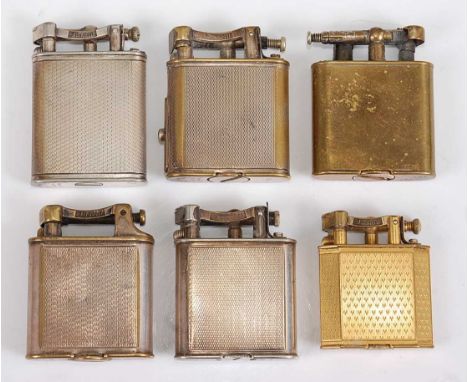 A collection of six various Dunhill early 20th century silver plated and gilt brass pocket cigarette lighters, five with engi