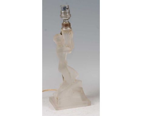 A French Art Deco frosted glass figural table lamp modelled as a semi-nude kneeling young woman to stepped square base, heigh