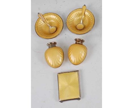 A collection of early 20th century Norwegian silver and yellow guilloche enamel decorated wares, comprising; miniature card c