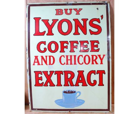 A large early 20th century enamel on metal advertising sign for Buy Lyons' Coffee and Chicory Extract, 103 x 76cm