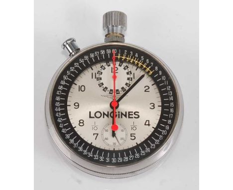 A Longines stainless steel keyless wind open face 1/10th split-second chronograph stop watch, made for the 1968 Mexico Olympi