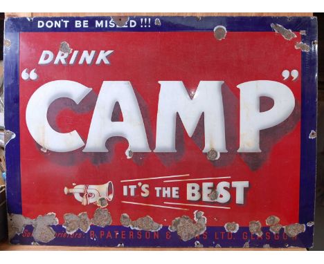 A large early 20th century enamel on metal advertising sign reading Don't be Misled!!! Drink "Camp" It's the Best, 77.5 x 101