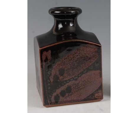 David Lloyd Jones (1928-1994) - a large glazed square studio pottery bottle vase, with Tenmoku glaze in tones of brown and re