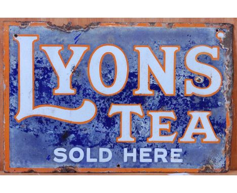 An early 20th century enamel on metal double-sided advertising sign for Lyons' Tea Sold Here, 30 x 45.5cm
