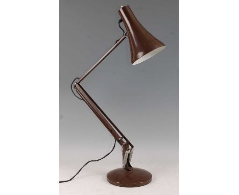 Herbert Terry - a brown painted metal anglepoise desk lamp, of typical hinged rotating form, stamped marks to lower hinge, lo