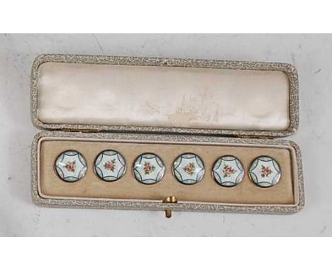 A set of six early 20th century sterling silver and guilloche enamel decorated collar studs, each with central rose painted d