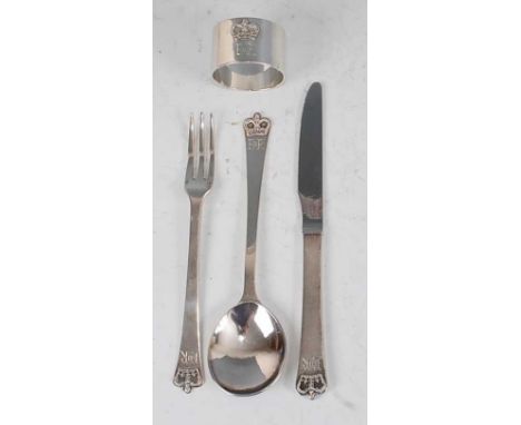 Leslie Durbin (1913-2005) - a 1950s silver christening set, commemorating the coronation of Queen Elizabeth II, comprising kn