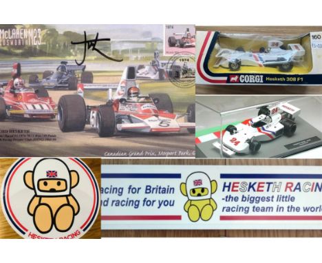 Includes an original 1974 First Day Cover signed by Alexander, Lord Hesketh, a boxed 1975 Corgi Hesketh F1 car 308 (No 160), 