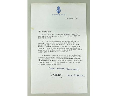 CHARLES AND DIANA TYPED & AUTOGRAPHED LETTER, dated 7th October 1981, signed 'Yours most sincerely, Charles and Diana' in blu