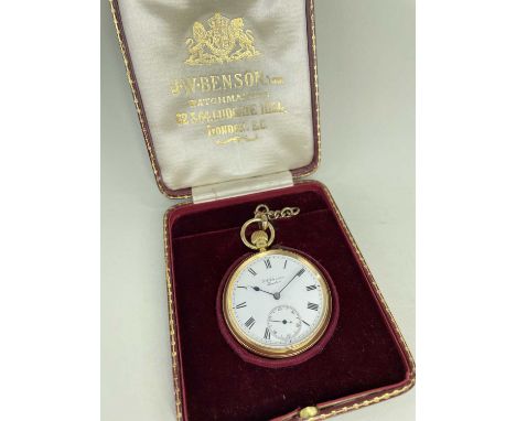 J.W. BENSON 18CT GOLD OPEN FACED POCKET WATCH, white enamel roman dial with subsidiary seconds dial, top-wind three quarter p