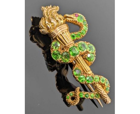 YELLOW METAL TORCH &amp; SERPENT BAR BROOCH, the flaming torch having coiled serpent set with twenty-six graduated demantoid 