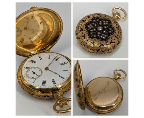CHARLES SUCHY &amp; FILS 18K GOLD &amp; BLACK ENAMEL FOB WATCH, the full hunter case set with rose-cut diamonds within black 