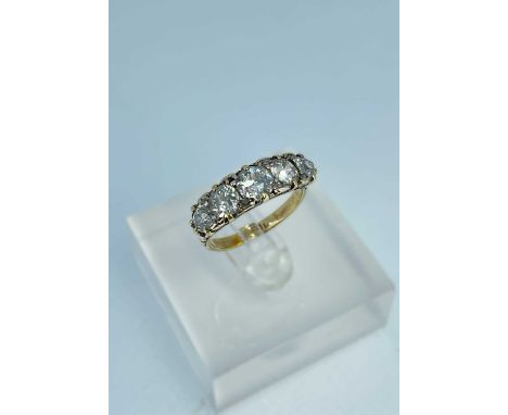 18CT GOLD FIVE-STONE DIAMOND RING, the five pavé set old European cut stones measuring 1.4cts overall approx., ring size M, 3