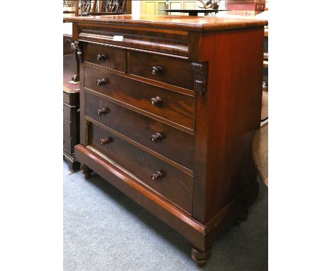 A Victorian Mahogany Scotch Chest, 119cm by 53cm by 145cmThe veneer on the frieze is cracked and loose. There is a crack to t