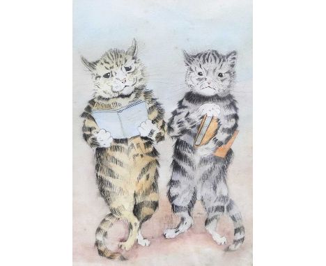 Manner of Louis Wain Study of two Cats readingWatercolour, together with C* Kadar, study of a kitten, oil on board, 34cm by 2