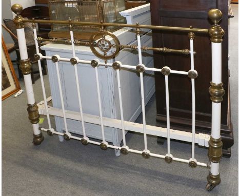 A Victorian Painted Brass Double Bed Frame, with mother of pearl and abalone shell inlay, later painted, 144cm by 200cm by 15