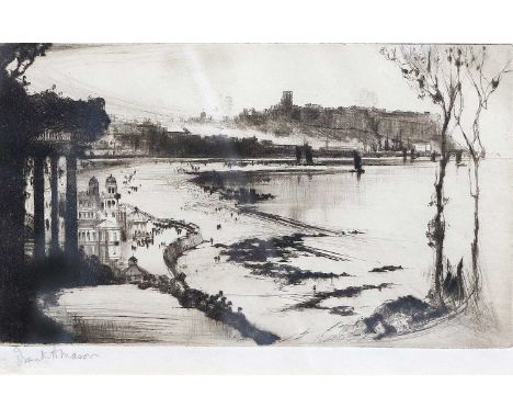 Frank Henry Mason (1876-1965)Continental coastal scene with figures on the beach and promenadeSigned, etching, 15.5cm by 24cm