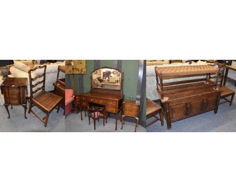 A Group of Furniture Comprising, two reproduction walnut drop leaf three drawer bedside chests, a mahogany example, a mahogan