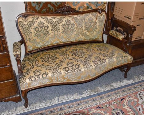 Mahogany Framed Salon Sofa, with leaf and shell surmount and floral upholstery, 142cm