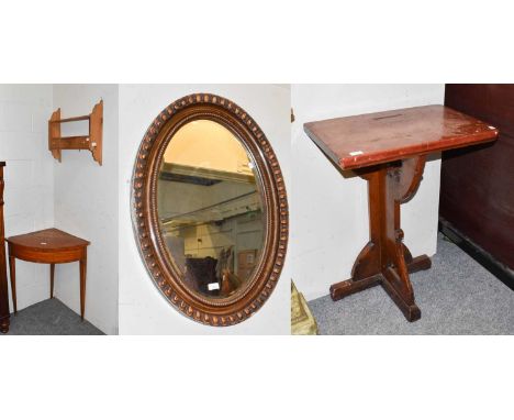 An Edwardian Inlaid Satinwood Corner Table, 70cm by 50cm by 73cm, a small pine hanging shelf fitted with three drawers and a 