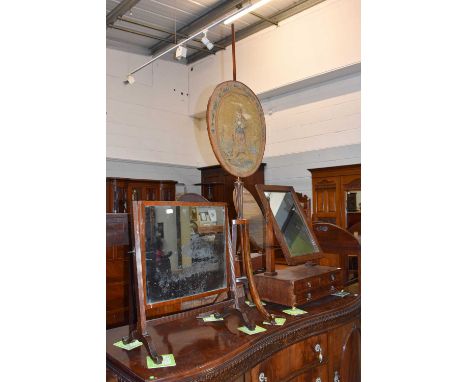 A 19th Century Painted Satinwood Pole Screen, the oval needlework panel on a tapering reeded support, raised on three slender