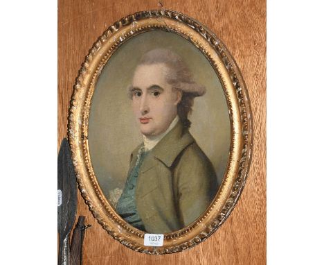 Follower of Gainsborough Dupont (1754-1797)Portrait of a gentleman, bust length, in a blue waistcoat and white stockOil on ca