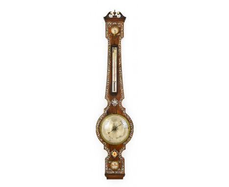 A Rosewood Mother of Pearl Inlaid 6-Inch Dial Wheel Barometer, signed Williamson, London, circa 1850, swan neck pediment, hyd