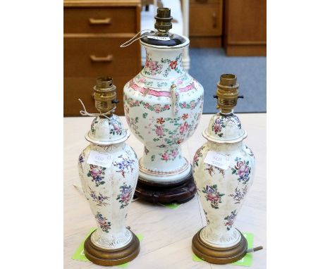 A Pair of French Porcelain Vase and Cover Form Table Lamps, 30cm high together with a Chinese Porcelain vase form table lamp 