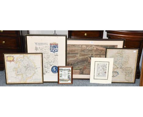 Robert Morden map of Oxfordshire, a further Robert Morden map of Warwickshire, an 18th century coloured engraving of a view o