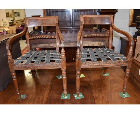 A Pair of Regency Mahogany Carvers, with inlaid arms and raised on ring turned supports