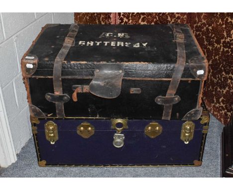A Leather Bound Travelling Trunk; together with a metal mounted travelling trunk, largest 91cm by 51cm by 35cm; together with