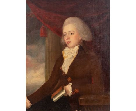 Follower of Thomas Gainsborough RA FRSA (1727-1788)Portrait of an elegant young man, standing before a colonnade and a red cu