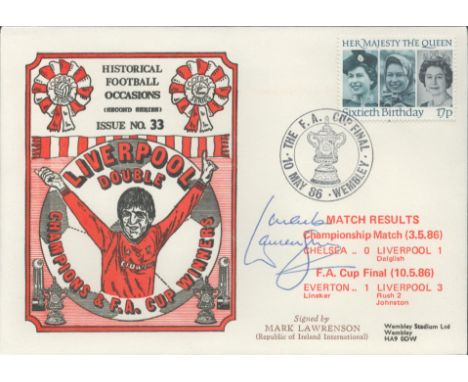 Liverpool Double 1986 Dawn Official Football First Day Cover Signed By Mark Lawrenson. Good condition. All autographs come wi