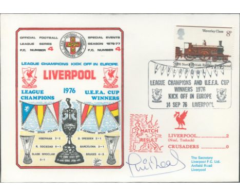 Liverpool V Crusaders 1976 Dawn Official Football First Day Cover Signed By Phil Neal. Good condition. All autographs come wi