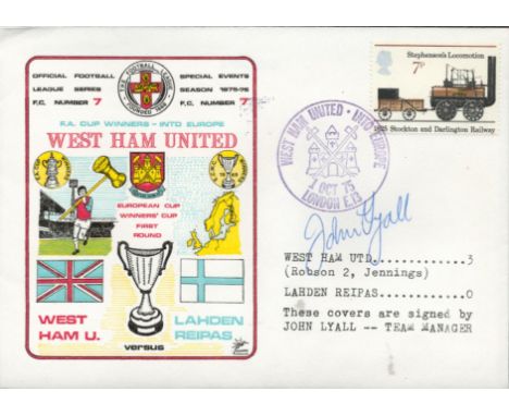 West Ham United V Lahden Reipas 1975 Dawn Official Football First Day Cover Signed By John Lyall. Good condition. All autogra