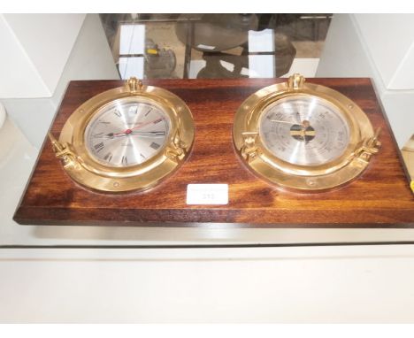 wood and brass clock barometer