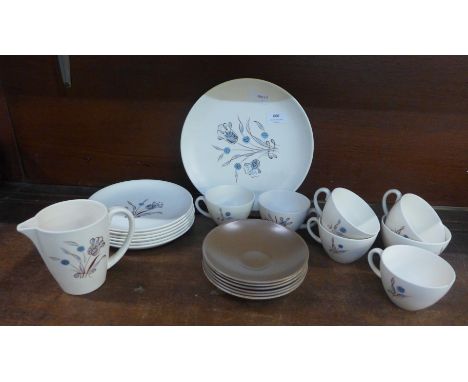 A Poole six setting tea service, twenty-one pieces in total, one cup chipped 