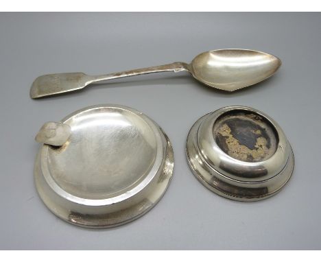 A silver spoon, 49g, a/f, a silver ashtray and one other silver item 