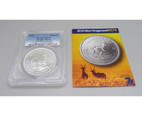 A 2018 South African 1oz fine silver Krugerrand MS70, (first week struck), complete with details 