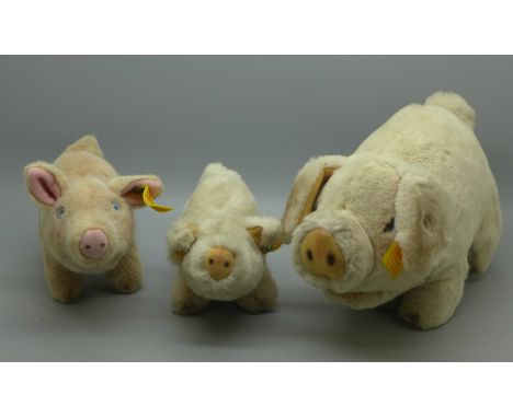 Three Steiff Pig soft toys with button in ear, made in Germany 