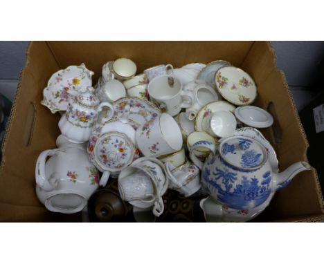 A box of assorted teawares, Spode, Wedgwood, Royal Crown Derby, Minton, etc. **PLEASE NOTE THIS LOT IS NOT ELIGIBLE FOR POSTI