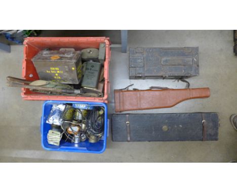 Two boxes of militaria including MRE's ammunition cases, entrenchment spades and other equipment **PLEASE NOTE THIS LOT IS NO