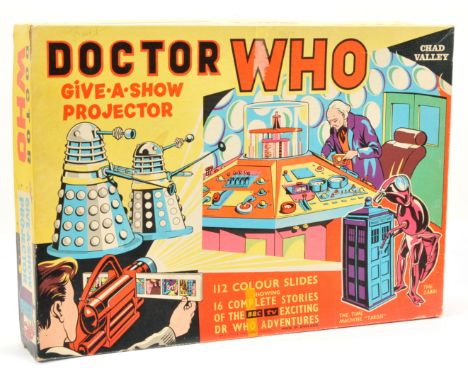 Chad Valley Doctor Who Projector which is red plastic with 16 colour slides, overall condition is generally Good Plus with Go