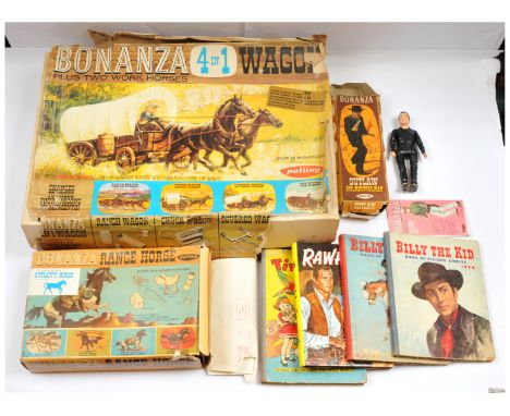 Palitoy 1966 Bonanza 4 in 1 Wagon, Range Horse, Outlaw with Vintage Cowboy Books Includes Billy the Kid Picture Stories with 