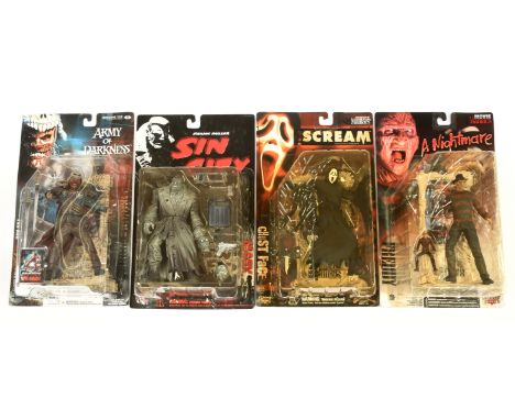 McFarlane Toys Carded Figures x4 includes Scream Ghostface, Nightmare on Elm Street Freddy Kruger, Sin City Marv and Army of 