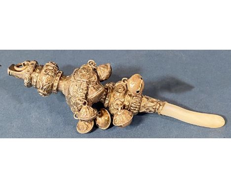 A late Victorian baby's silver rattle and whistle, (lacks one bell), Birmingham 1878 with a mother-of-pearl teething handle 1