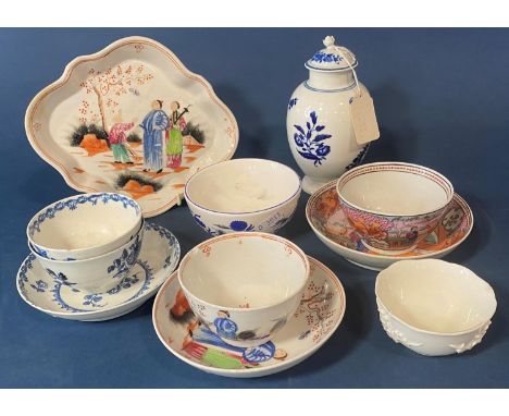 A collection of 18th century and other tea bowls including an example by Beaux, Newhall, Liverpool together with an early Wor