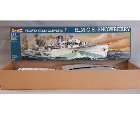 1:72 scale model kit 'HMCS Snowberry' no 5061 Flower Class Corvette by Revell. Unchecked, appears un-started, small pieces on