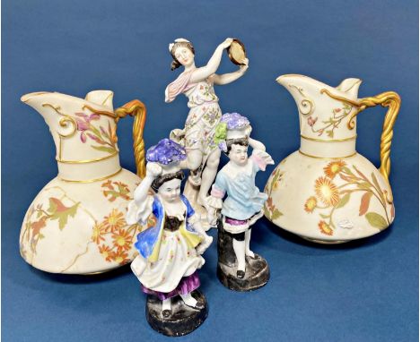 Pair of Worcester blush vases (both AF), 19th century porcelain figure girl with tambourine and two further figures 