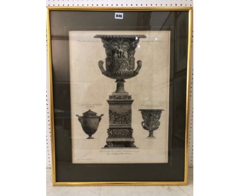 After Giovanni Battista Piranesi (1720-1778), three classical urns, print on paper, 39 x 53 cm, framed and glazed 